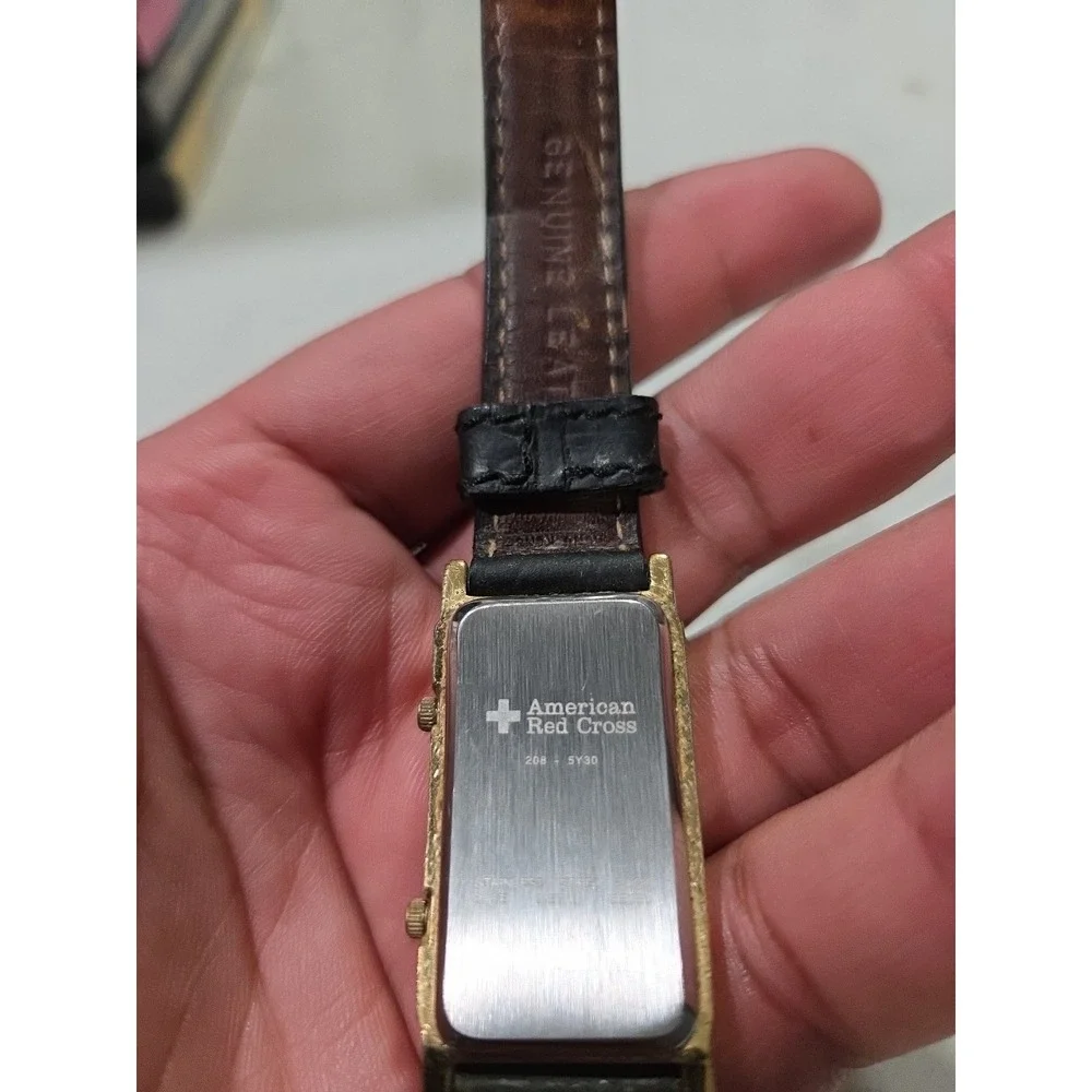American Red Cross Dual Time Watch Black Leather Band Gold Case Japan Mens